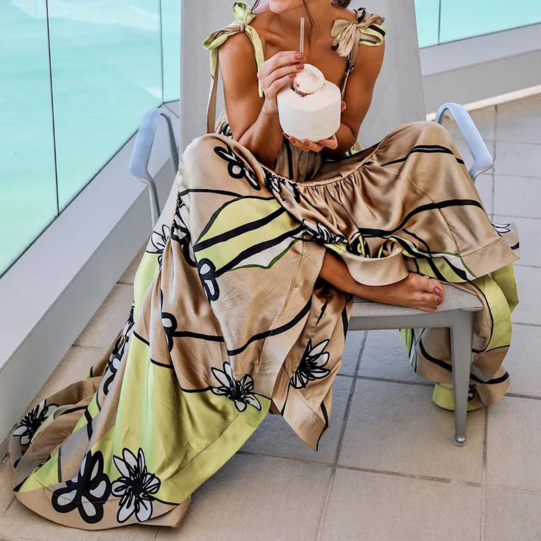 

Women Dress Sexy Sleeveless Sling Flower Print Ruffled Lace Long Mopping High Waist Loose A-word Big Swing Dress Banquet