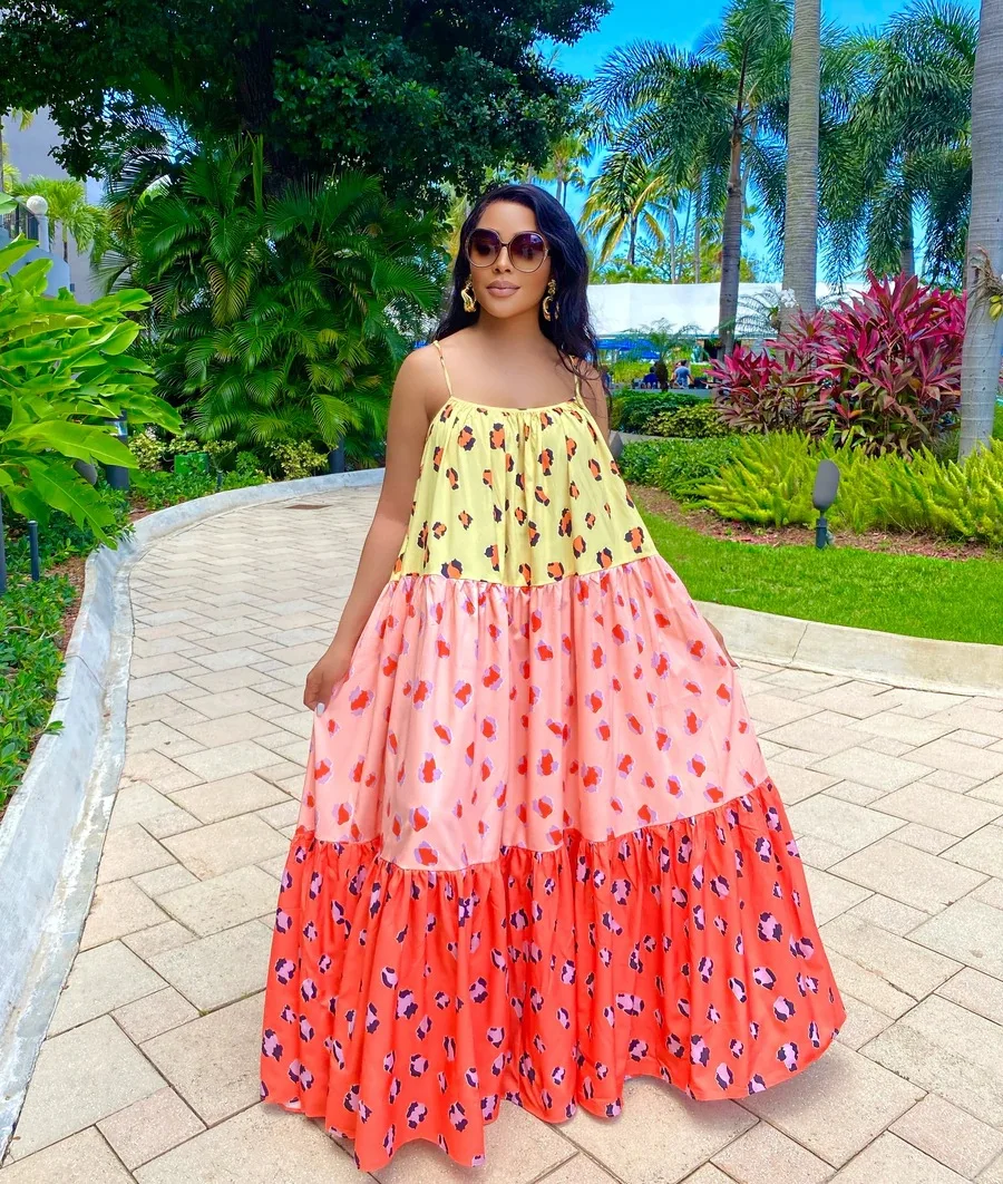 

Chocomist Dresses Beach Style Color Block Leopart Print Strap Women Maxi Dress
