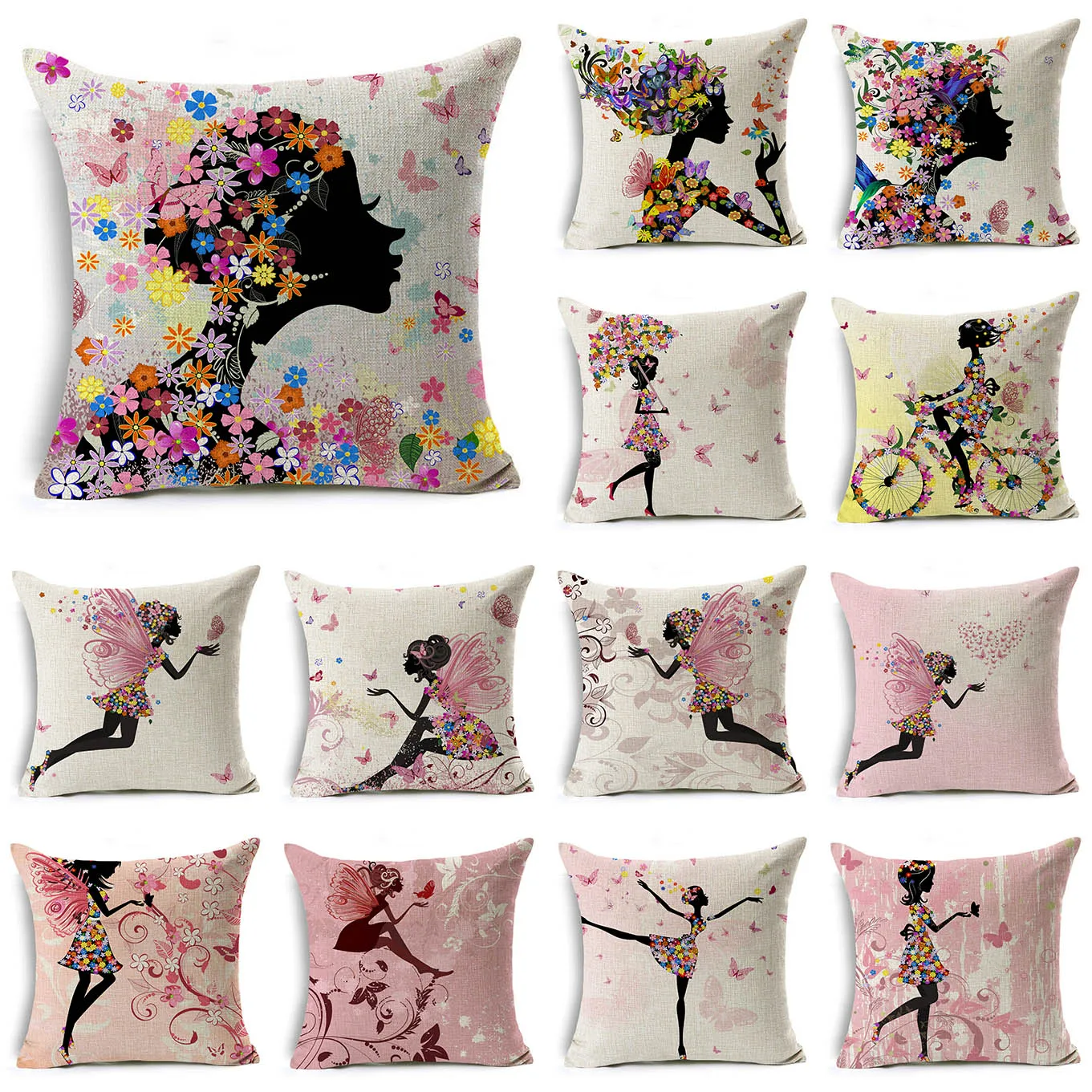 

WZH Fairy & Flower Linen Cushion Cover 45x45cm Linen Decorative Pillow Cover Sofa Bed Pillow Case