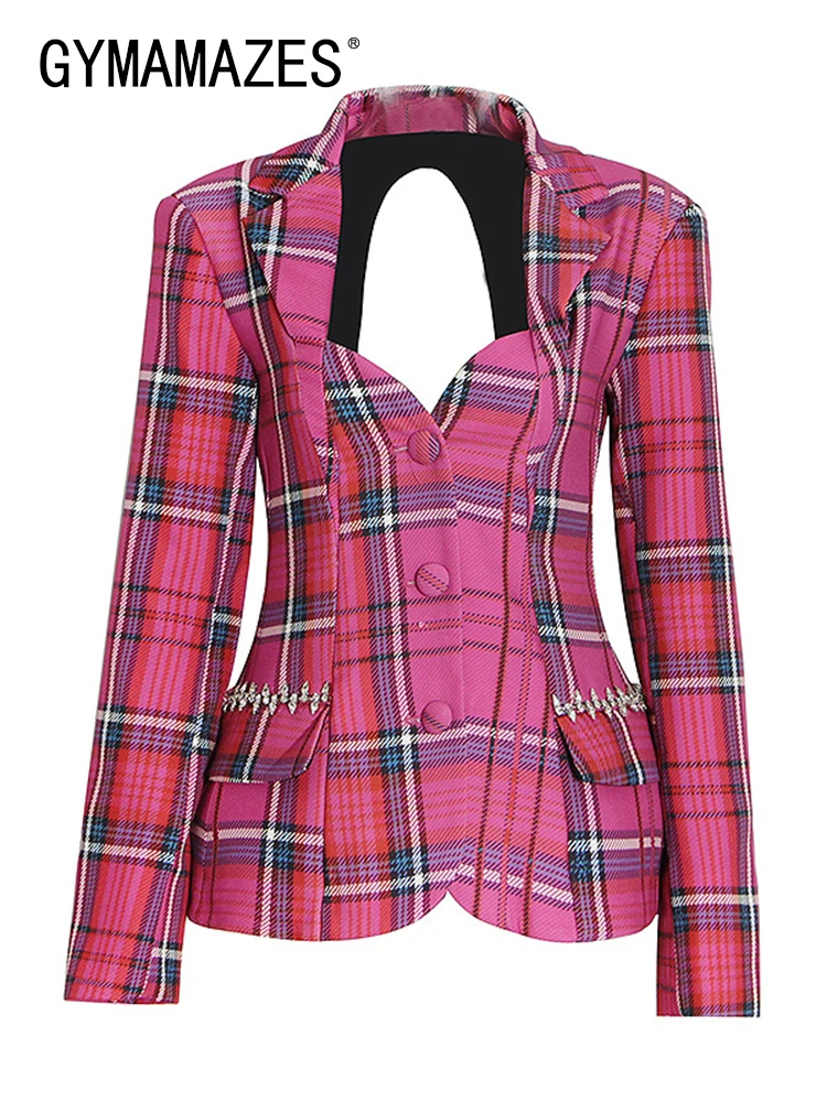 GYMAMAZES Open Back Slim Blazer For Women Notched Collar Long Sleeve Colorblock Patchwork Plaid Coats Female Clothes 2022 Casual