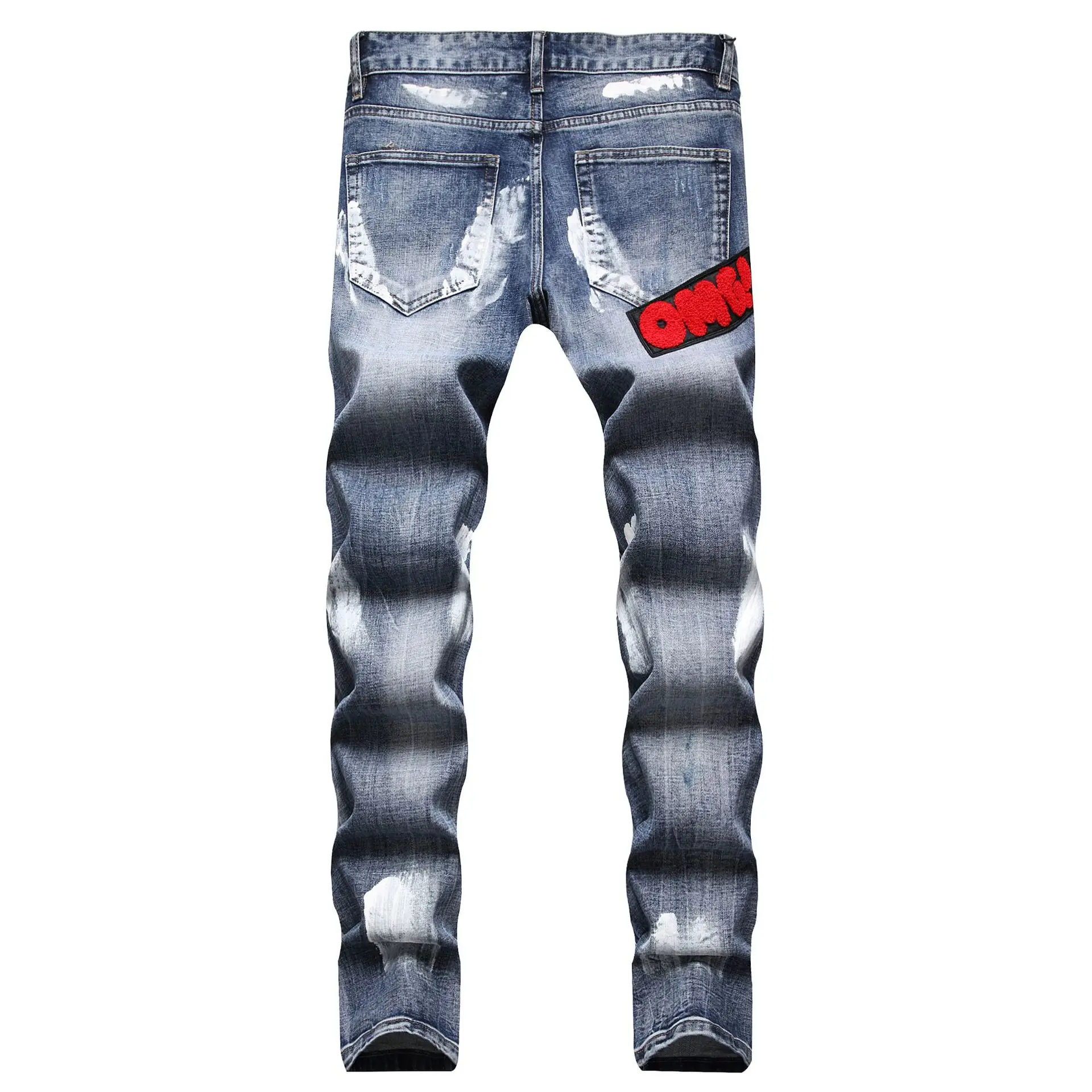 Men's Ripped Jeans Autumn Winter New Fashion Embroidery Straight Slim Trend Beggar Pants Biker Destroyed Denim Trousers