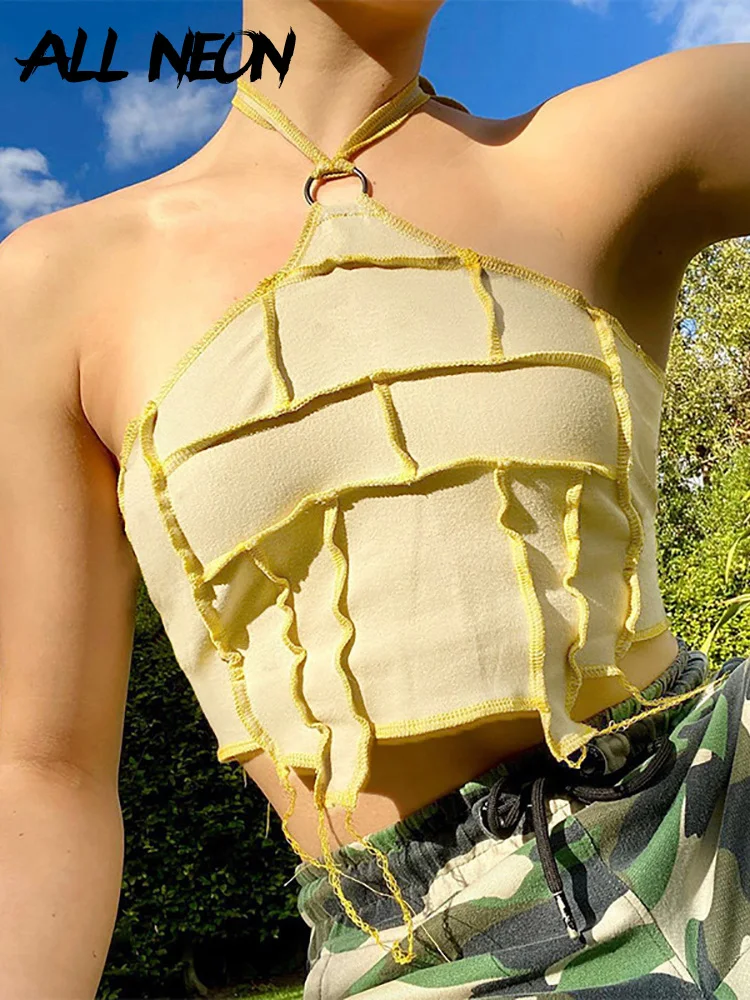 

ALLNeon Vintage 90s Streetwear Patchwork Yellow Crop Tops Aesthetics Y2K Sexy Backless Sewing Bandage Halter Tanks Rave Outfits