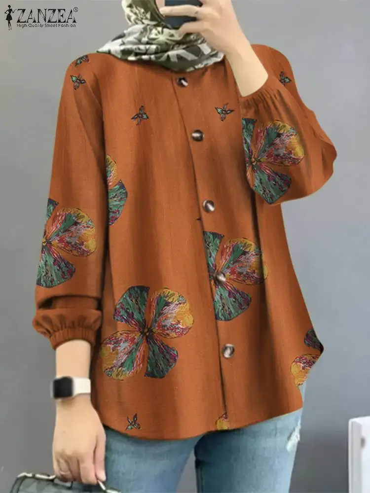 

Винтажная Осенняя рубашка с длинным рукавом с цветочным принтом ZANZEA Женская богемная женская блузка Eid Mubarek Рамадан блузки