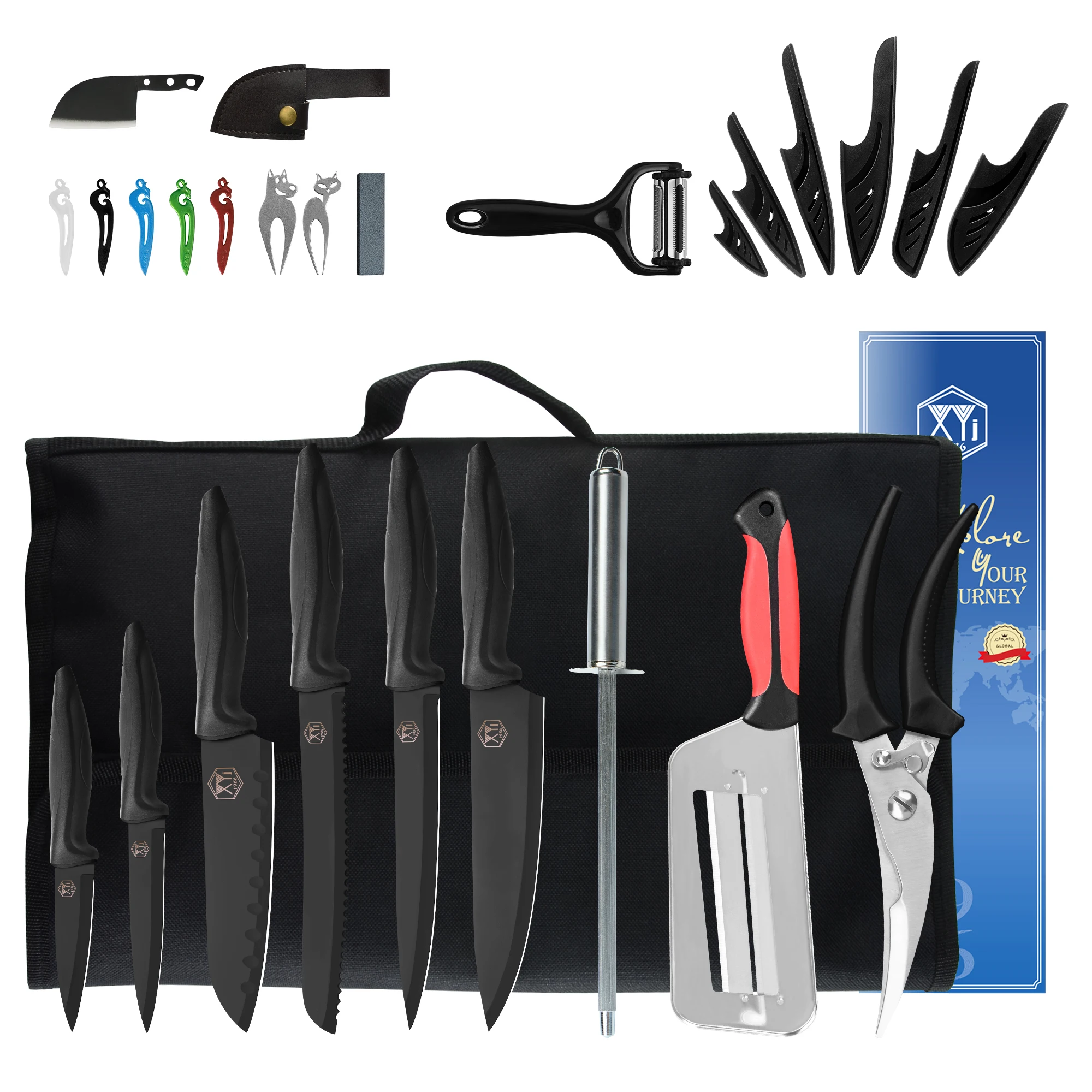 

Набор кухонных ножей из нержавеющей стали, профессиональные инструменты для заточки шеф-повара, в комплекте рулонная сумка, ножницы, принадлежности для кухни