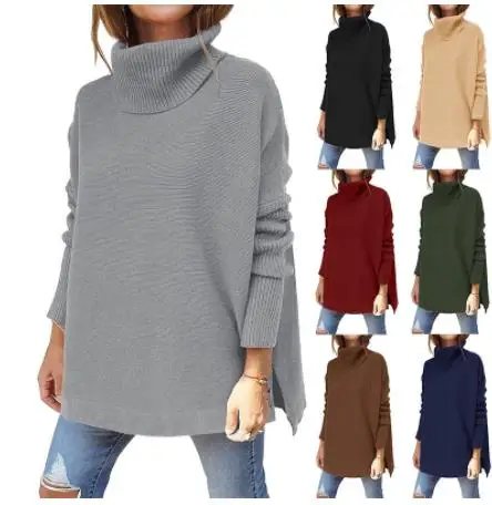 

Women Knitshirts 2022 Autumn Winter Fashion Loose Turtleneck Batwing Long Sleeve Pullover Top Solid color Side Fork Lady Sweater