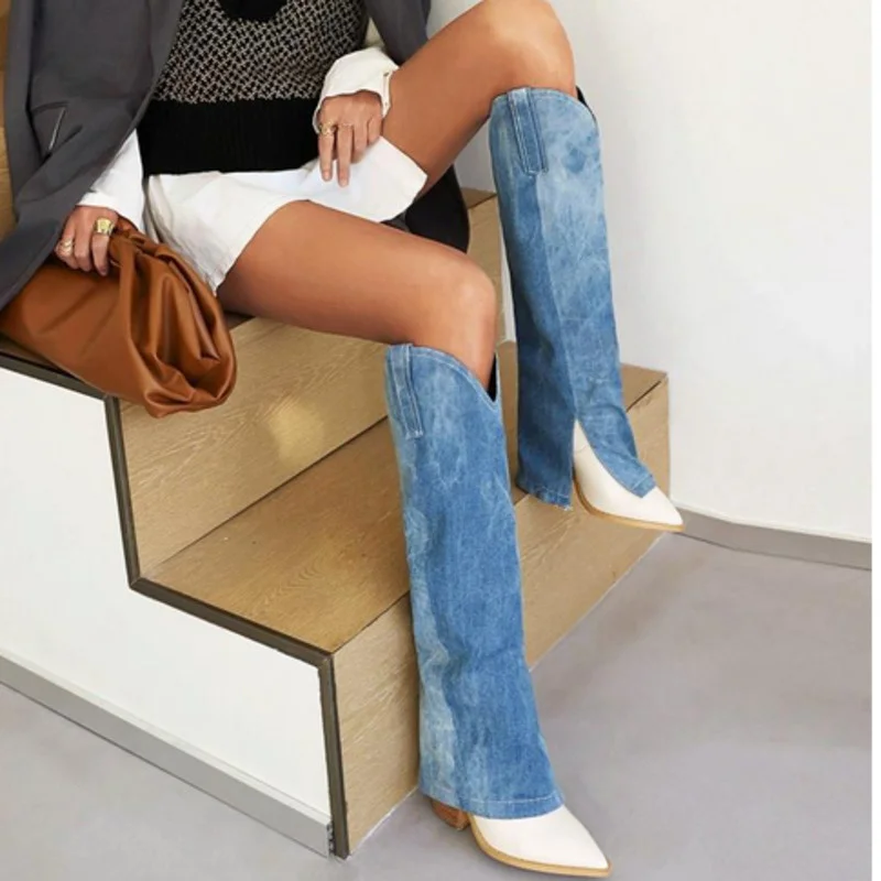 

Blue Denim Knee High Boots For Women 2022 Fashion Pointed Toe Thick Heel Cowboy Boots Large Size Female Shoes