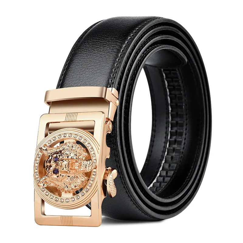 Wolf Pattern Buckle Cowskin Leather Belt High Quality Golden Automatic Buckle Wasitbad Strap Genuine Leather Gift Belt Men