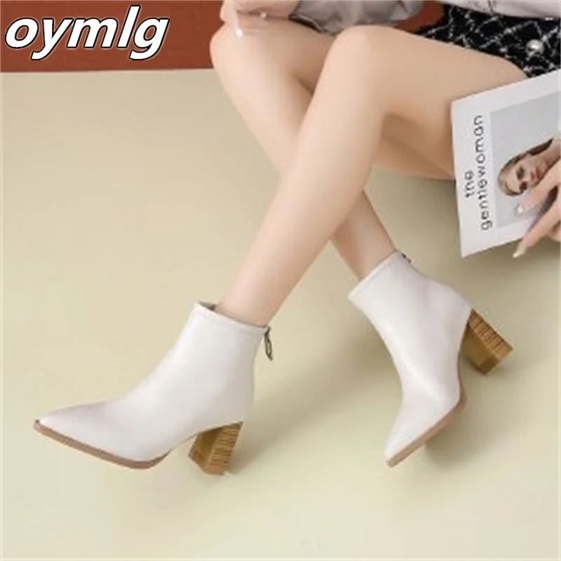 Soft leather pointed toe temperament short boots women's thick heel back zipper high heel ankle boots 2022 autumn new thin boots
