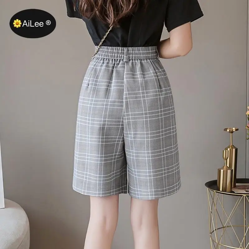 Plus Size 3XL Summer Knee Length Plaid Shorts England Style Comfortable Wide Leg Trouses Women Loose Casual Straight Shorts