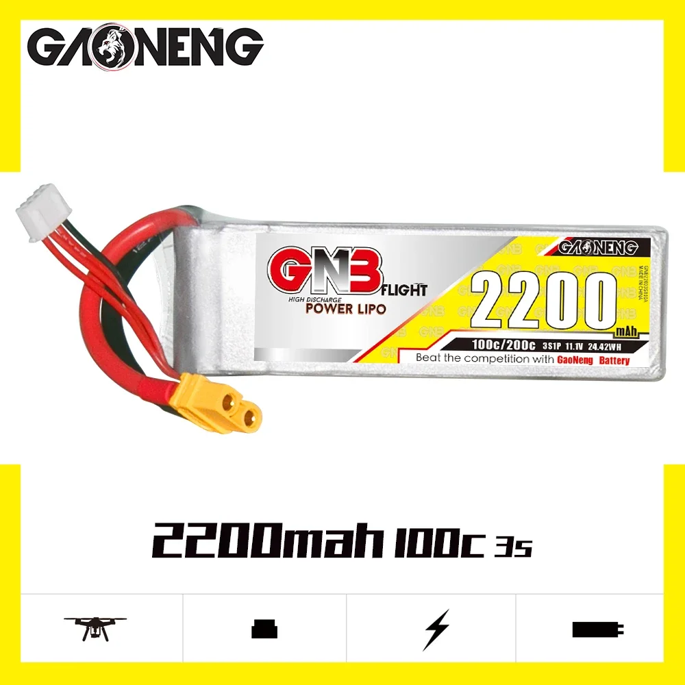 

GAONENG GNB 3S1P 2200mAh 11.1V 100C/200C Lipo Battery With XT60 Plug For QAV 250 450 Size Helicopter RC FPV Racing Drone Parts