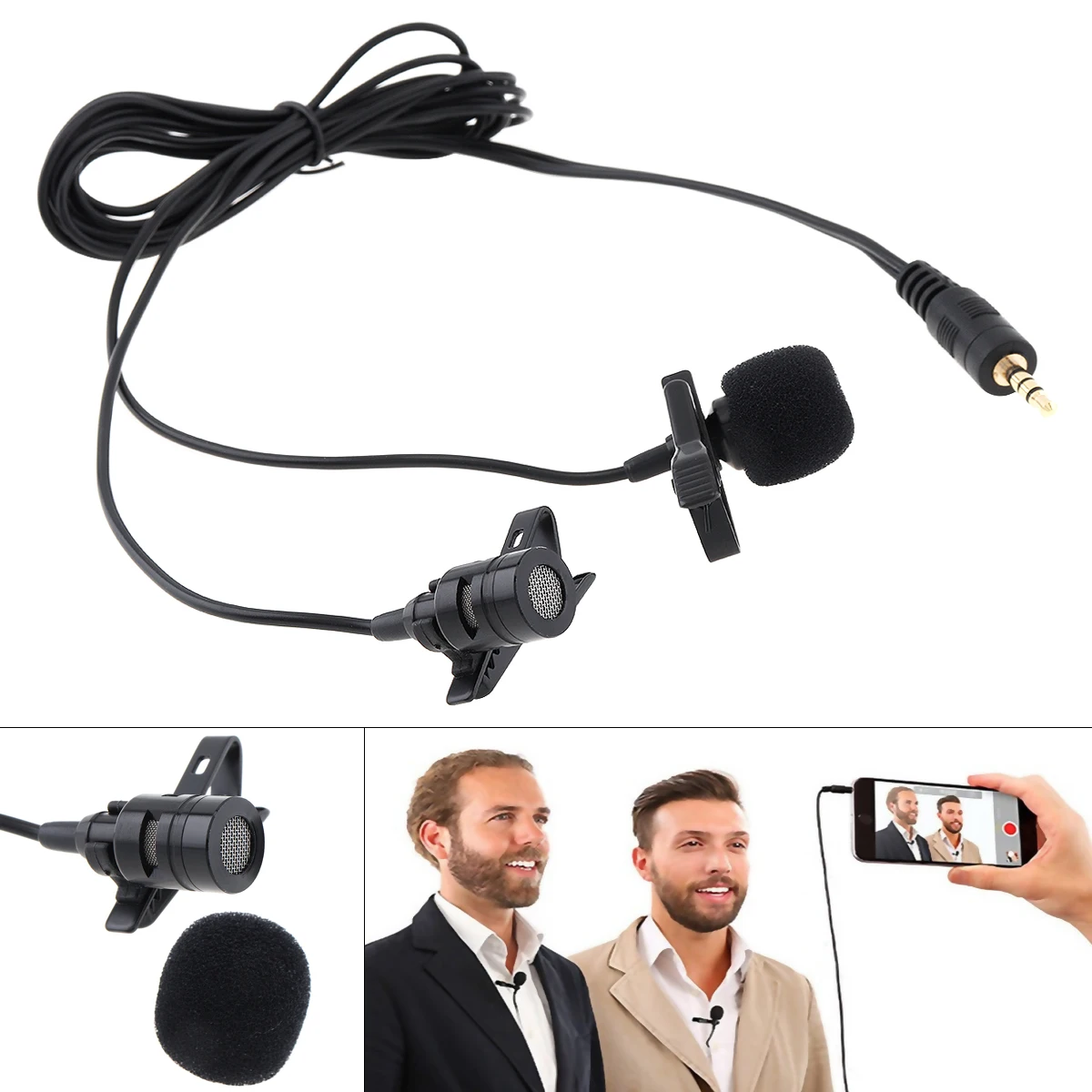

3.5MM Dual Microphone Suit Mini Headsets Microphone Mobile Phone DSLR Camera Clip on Lapel Condenser Mic for Recording Speaking