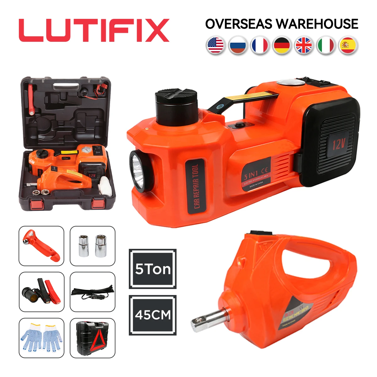 

LUTIFIX Car Jack 3in1 Electric Hydraulic Jacks 5 Ton Car Floor Jack 45CM 12V with Inflator Pump LED Light for Truck Tire Repair