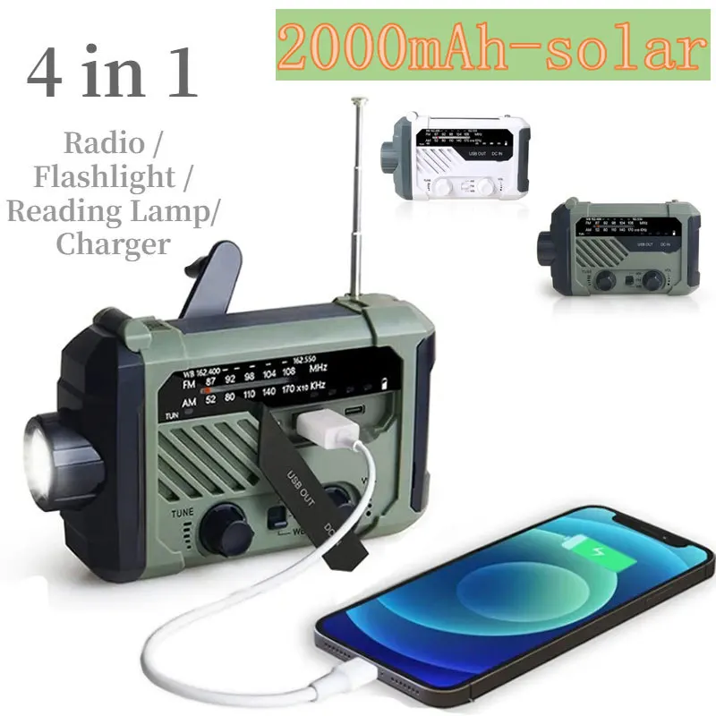 

Emergency Radio Hand Crank Operated Solar Radio LED Flashlight Desk Lamp 2000mAh Battery Charger SOS Alert Outdoor Radios Stereo
