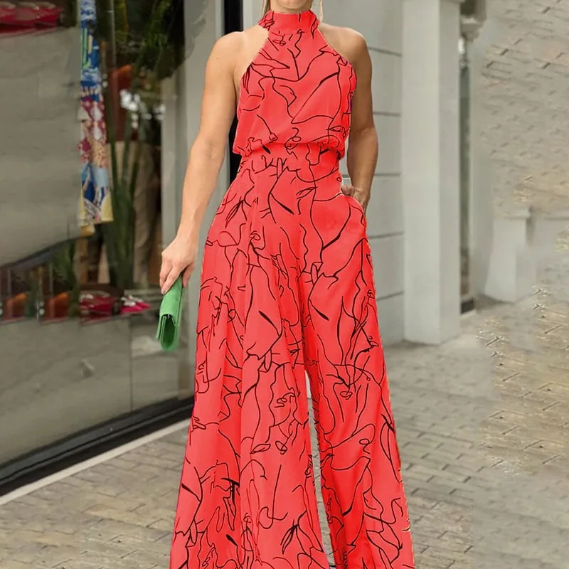 Elegant Women Sleeveless Jumpsuits Sexy Long Rompers Wide Leg Pants Fashion Printed Bodysuit Jumpsuit Lady Outfit 2023 New