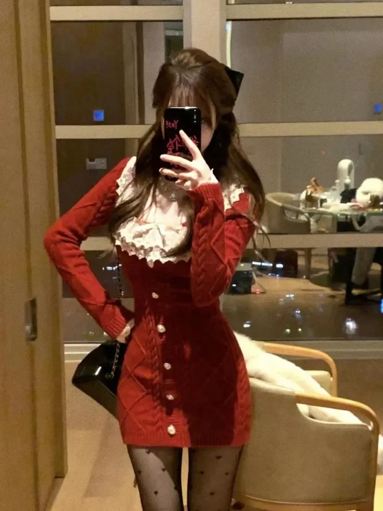 Korejepo Новый год Рождество Pure Desire платье с квадратным вырезом свитер женский осень