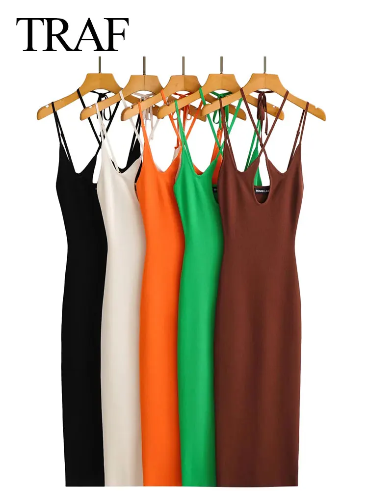 

TRAF Summer Five Colors One Size Knitted Comfortable Lady Sling Dress Chest Cutout Sexy Slim Long Sleeveless Women's Dress