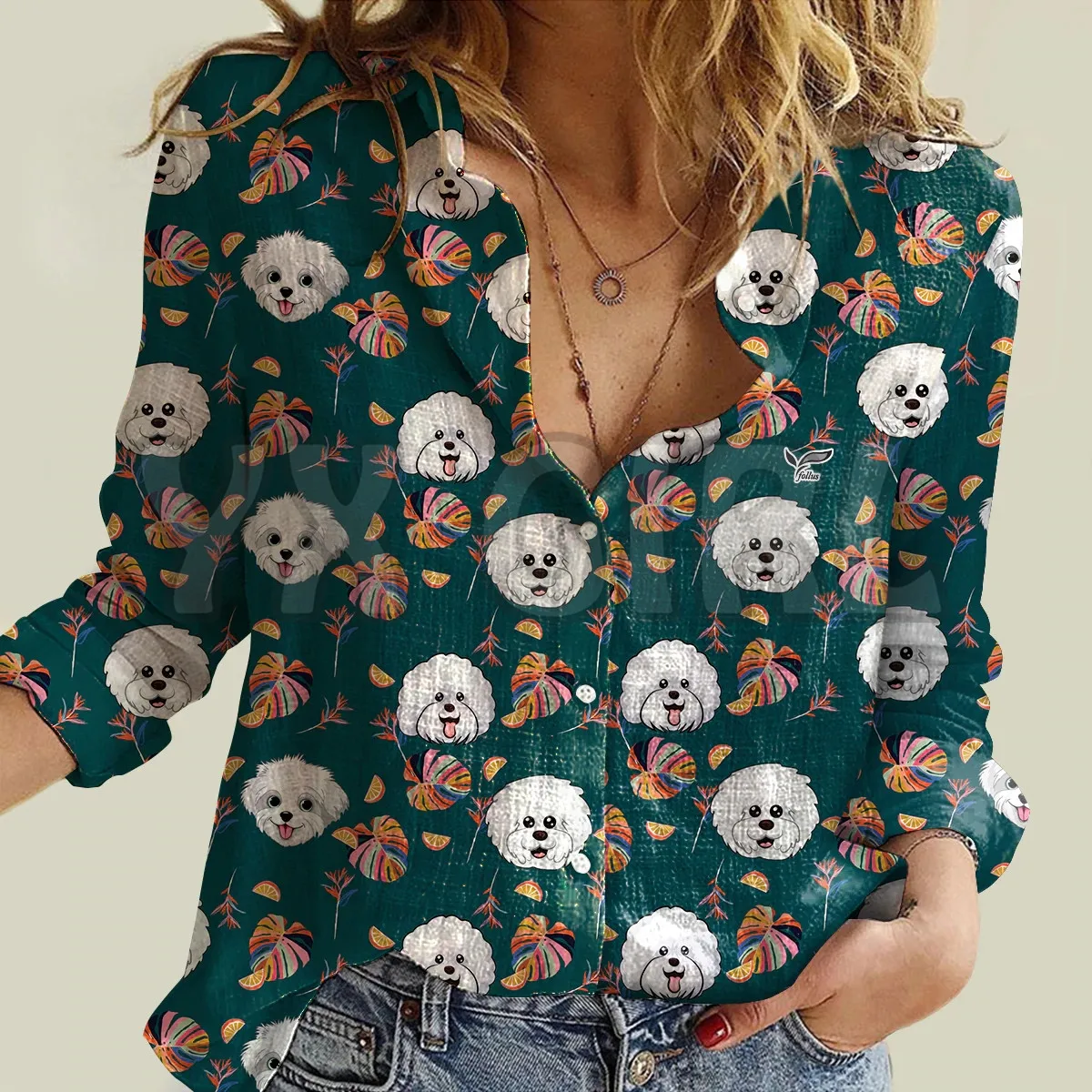 

YX GIRL Summer Time - Bichon Frise Women's Long-Sleeve Shirt 3D Printed Button-down Shirt Casual Unique Streewear