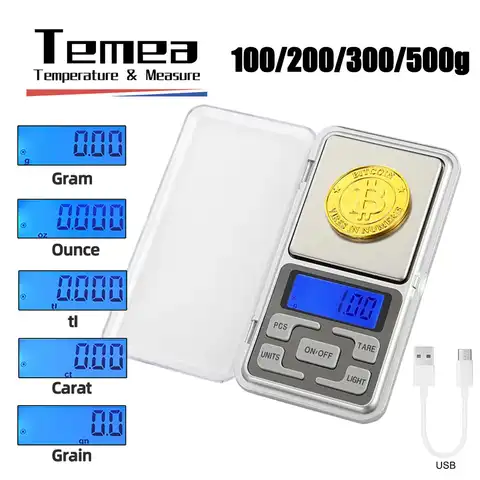 Карманные мини-весы Temea, электронные цифровые весы 200 г/300 г/500 г x 0,01 г/0,1 г для золота, ювелирных изделий, весы с измерением в граммах