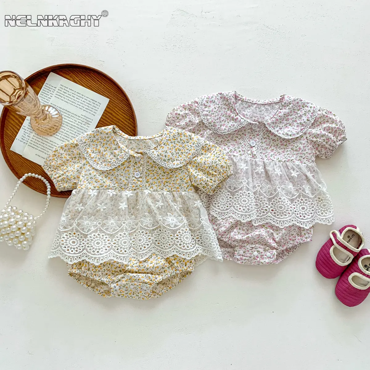 2023 NEW IN Summer Kids Girls Short Sleeve Floral Peter Pan Collar Patchwork Lace Jumpsuits Infant Newborn Baby Bodysuit 유아복