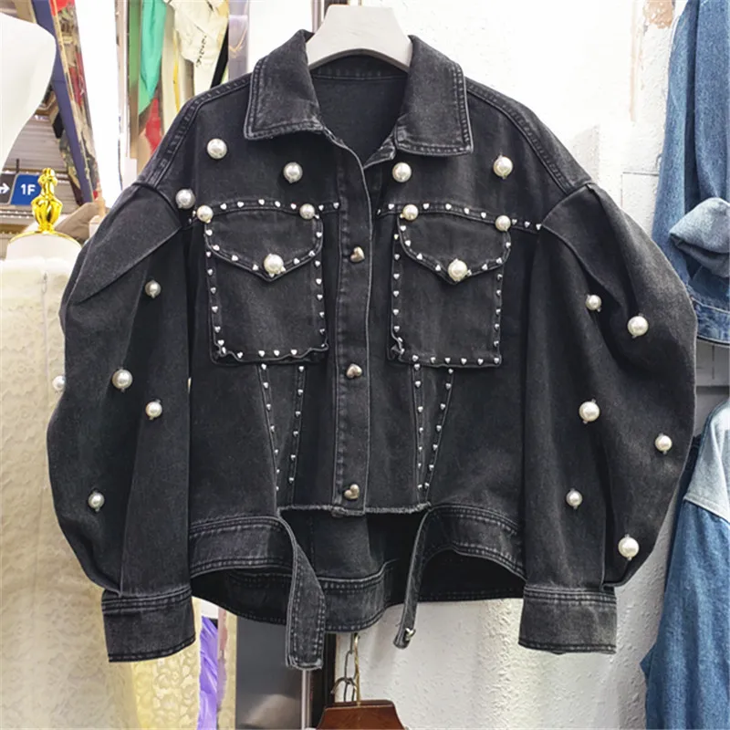 

Vintage Denim Jacket Women Pearl Rivet Contour Loose Casual Short Cowboy Outwear Big Pocket Black Blue Jeans Jacket Coat Femal