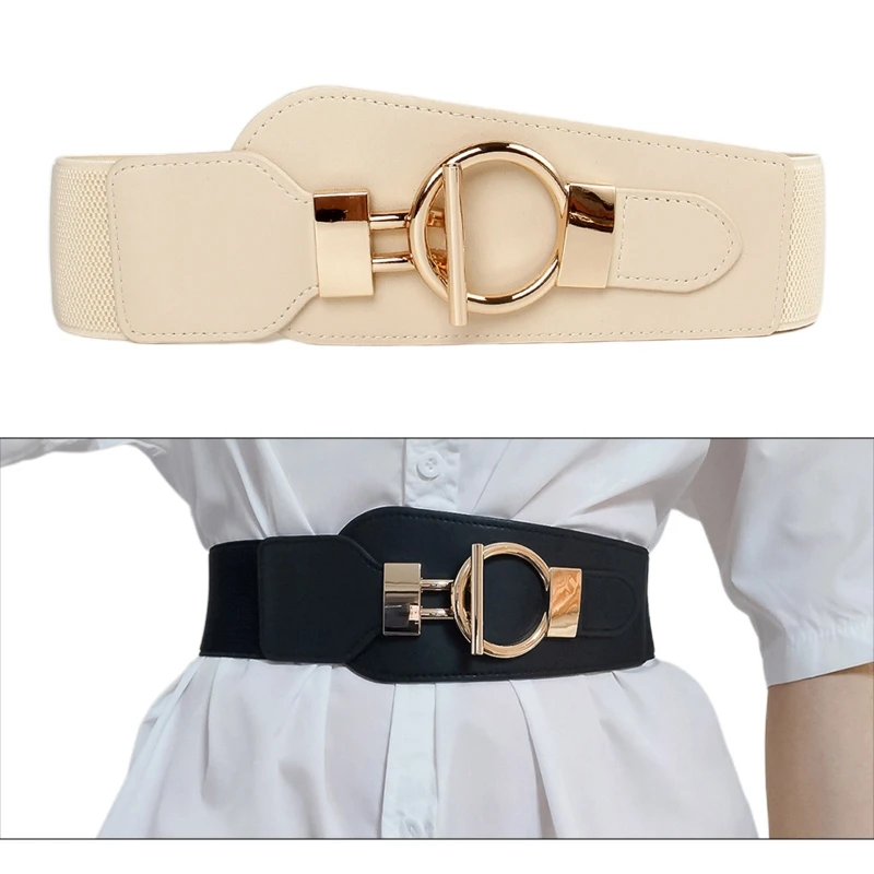 

Vintage Women Dainty Alloy Buckle Elastic Wide Belt Strap Solid Colors Waistband