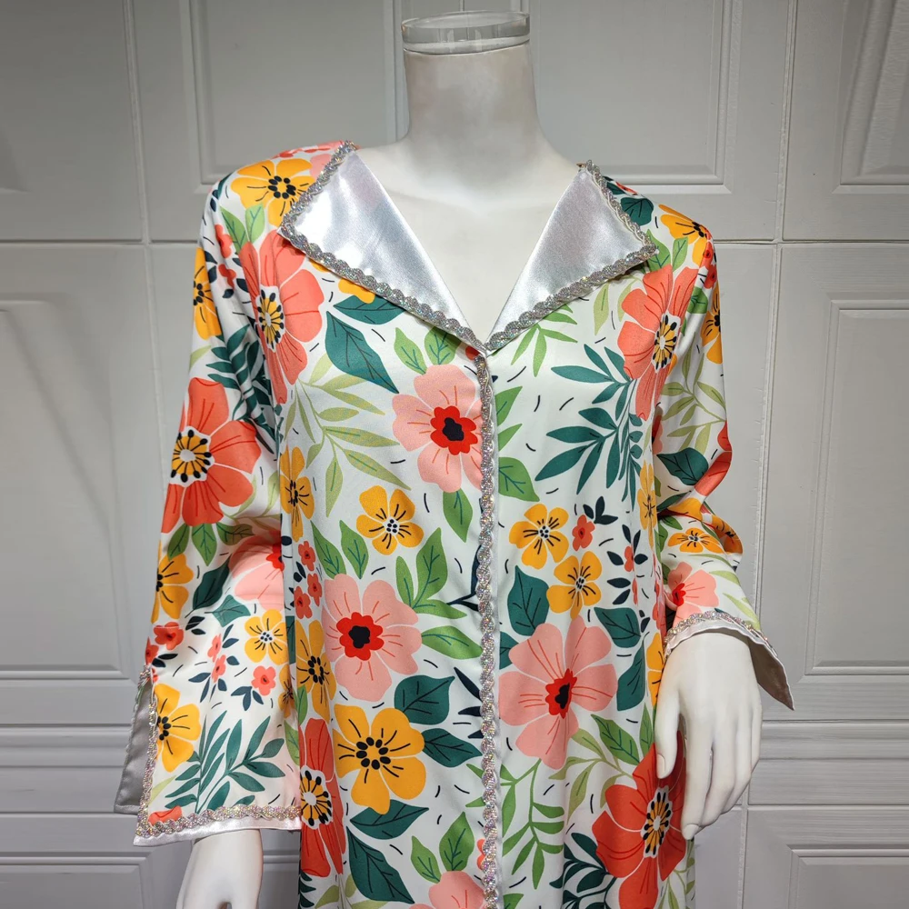 2023 Eid Mubarak Muslim Fashion Abaya For Women Floral Print Bohemian Kaftan Turkey Dress Long Sleeve Boubou Islamic Clothing