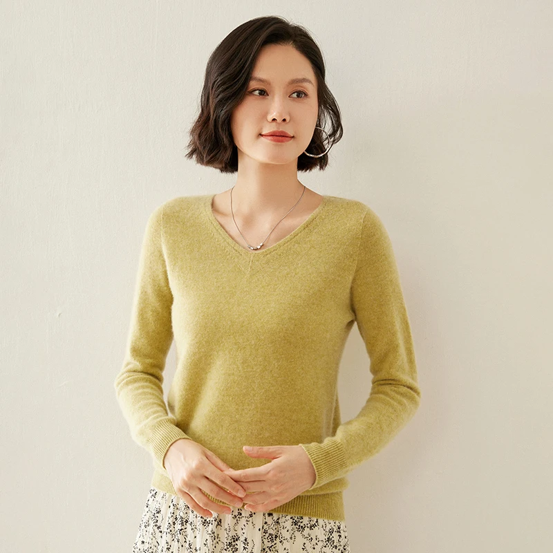 Женский кашемировый свитер смесь кашемира 35% V-образный вырез трикотаж