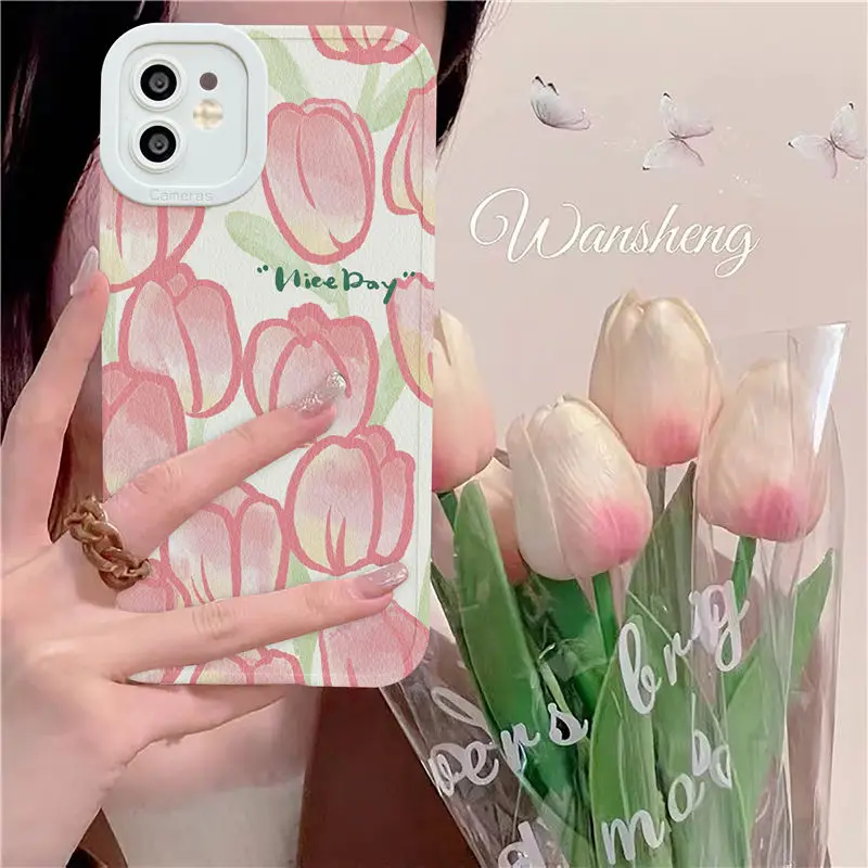 

Ins tulip iPhone11 mobile phone case for Apple 12 13promax all-inclusive XR girl XS soft 7 8plus