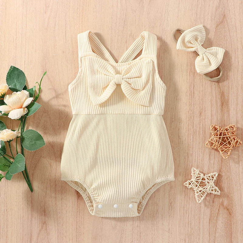 

Комбинезон для новорожденных девочек, однотонный Летний комбинезон без рукавов, на подтяжках, с бантом, повязка на голову, боди для младенце...