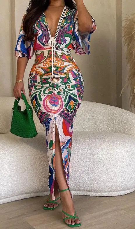 

Women Dresses Summer 2023 Vacation Mid-Calf Dress Fashion Retro Tribal Print Deep V Plunge Sexy Slit Skinny Dress Streetwear