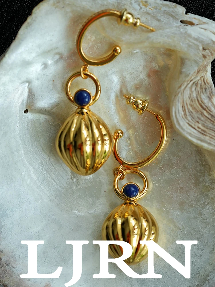 

2023 New Big Pearl Pendant Drop Earring for Women Girls Lapis lazuli Stone Pattern Gold Plated Fashion Vintage Party Jewelry
