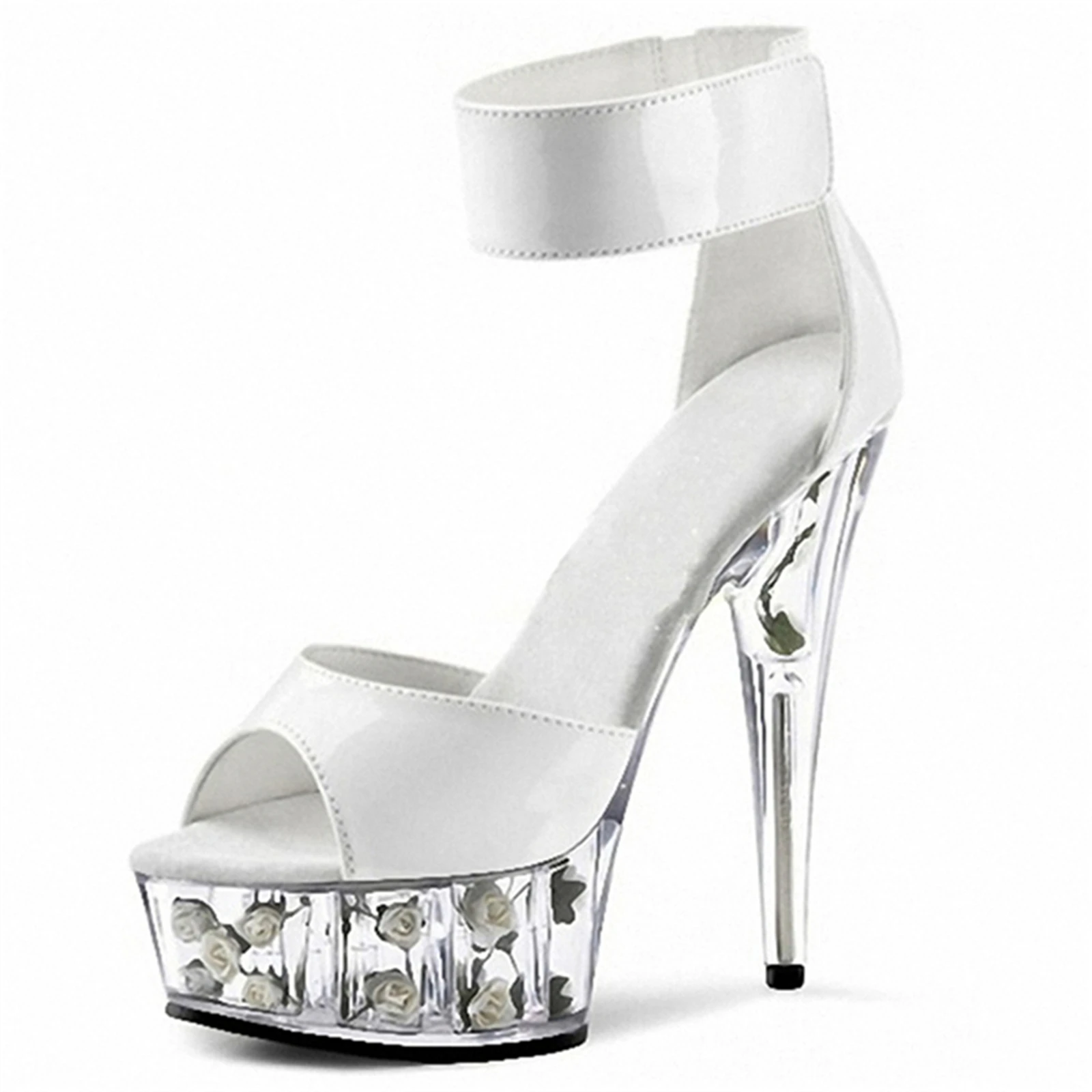 Neo Gothic Heels 15 см — черные лакированные босоножки с прозрачным каблуком с цветочным принтом и широким ремешком на щиколотке, вечерние туфли (art.: 3920cfd97555d) - 3920cfd97555d
