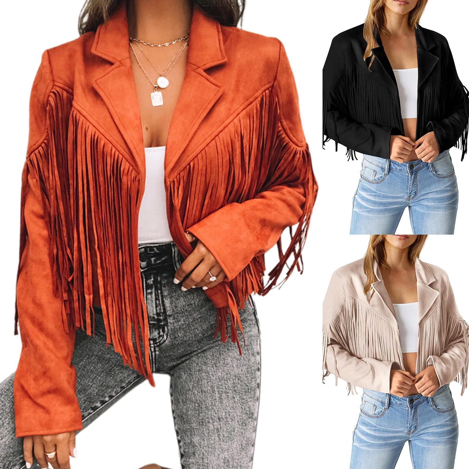 

Women Casual Slim Jacket Fringe Hem Tassel Cropped Jacket Solid Color Faux Suede Jackets Soft Fall Winter Outwear