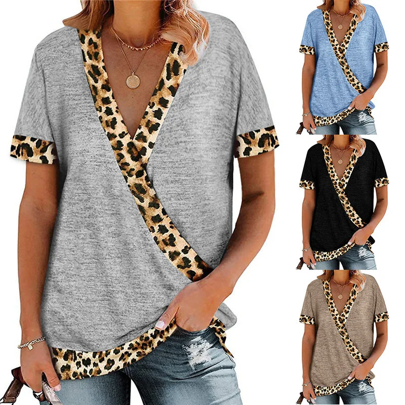 

V-Neck Sexy Leopard Print Colorblock Short Sleeve T-Shirt Top clothing women graphic t shirts