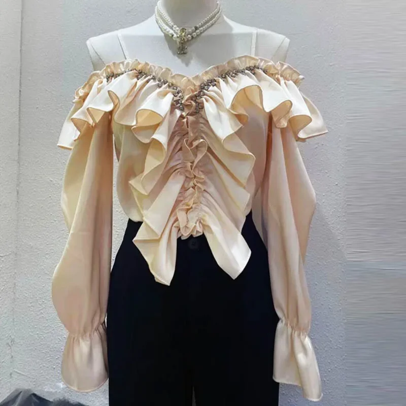 Элегантная французская винтажная майка с открытыми плечами для женщин рюшами по