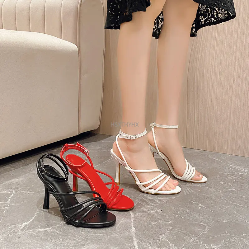 

Summer 9.5CM Gladiator Sandals Women Street Style Narrow Band Open Toe Thin High Heels Fashion Party Dress Shoes Red White