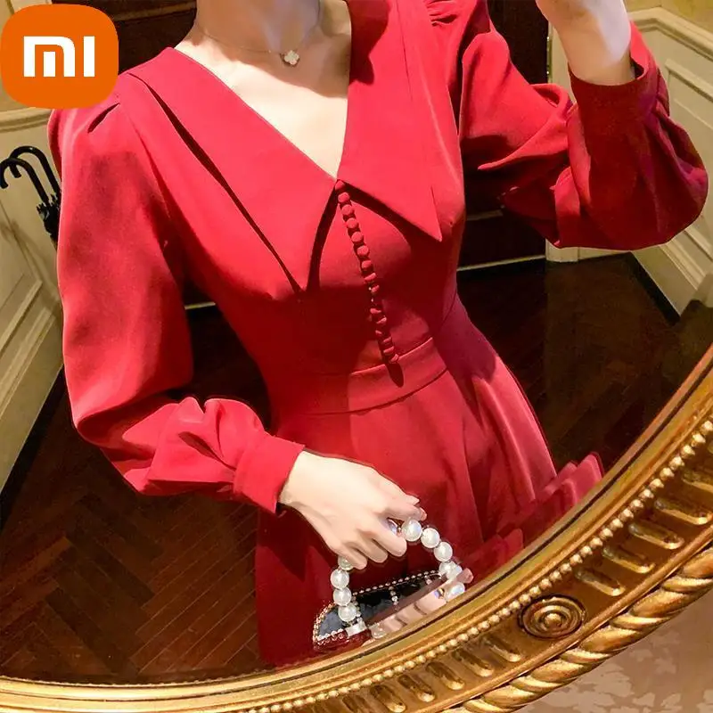 

XIAOMI Red Elegant Christmas Dress Women Autumn Casual Retro Party Midi Dress Female Slim Hepburn Chic Korean Dress Women