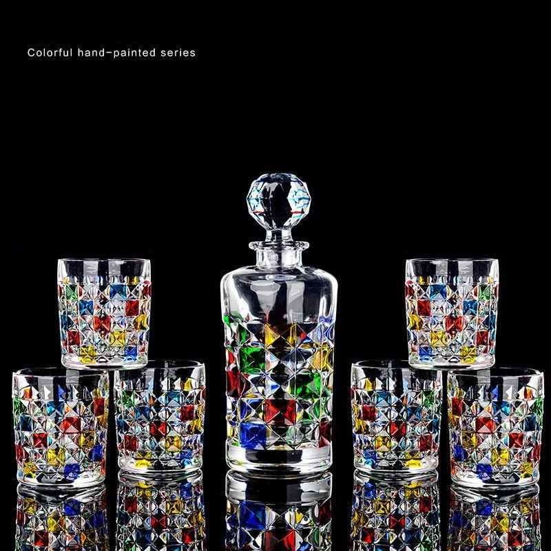 

Colorful Glacier Crystal Drink Glass Set Italian Murano Design Wine Bottle Suit Luxury Rainbow Enamel Glaze Whiskey Decanter Set