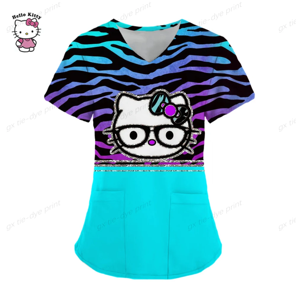 Женская блузка с коротким рукавом V-образным вырезом и принтом Hello Kitty