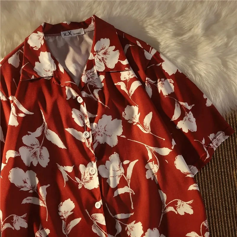

DAYIFUN Blouses Shirts Flower Printed Loose Summer Top Short Sleeve Harajuku Streetwear Students Vintage Retro Femme Shirt New