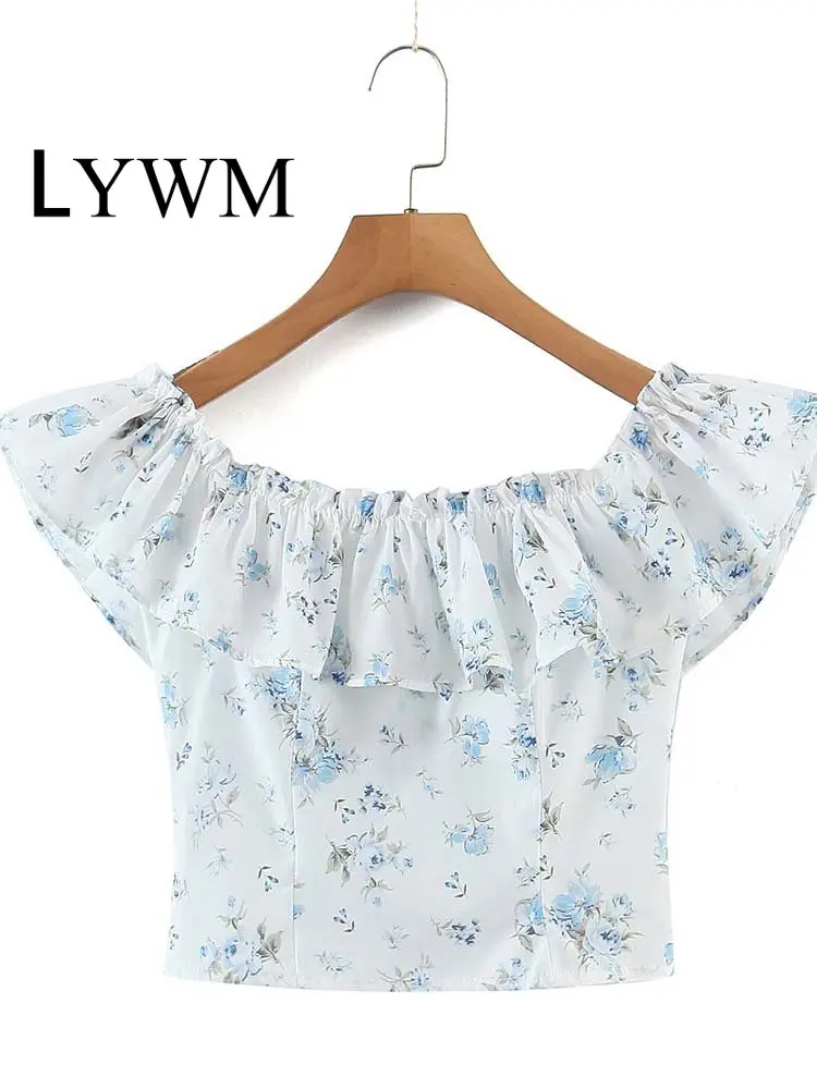 

LYWM Women Fashion Printed Shirts Tops Vintage Shorts Sleeves Slash Neck Back Elastic Waist Female Chic Lady Blouses