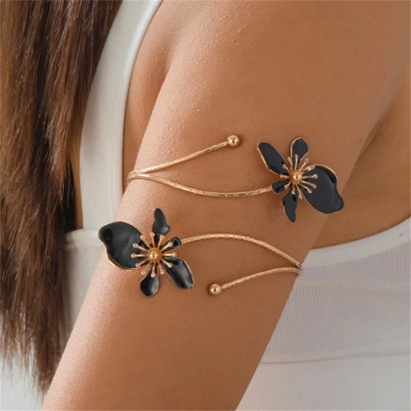 Фото Bohemian Enamel Floral upper arm Bracelet for Women trendy Oil Drip Flower open Cuff Bangle Handmade Party Holiday Jewelry gift №3