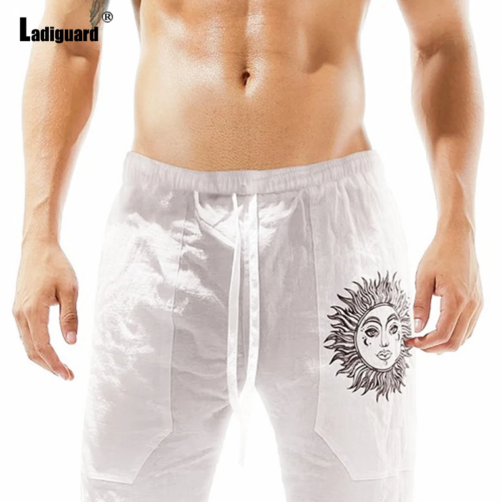 Ladiguard 2022 Men's Casual Linen Shorts Drawstring Sweatpants Plus Size Mens Leisure Beach Shorts Abstract sun Print Streetwear