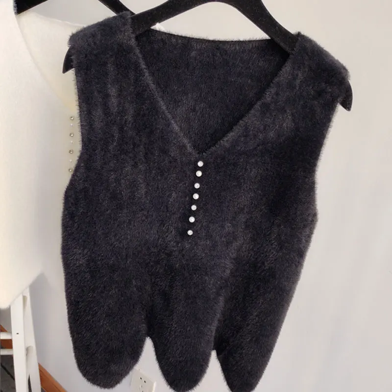 Женский однобортный жилет из искусственного меха норки однотонный трикотажный