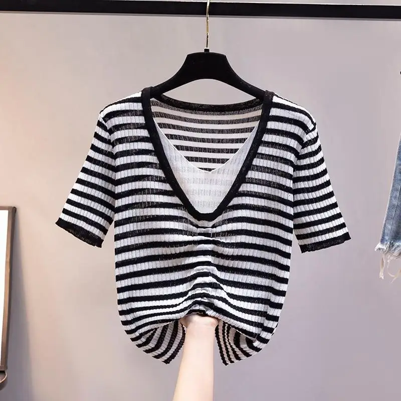 

Thin Pullovers Knitted T Shirt Women Clothes Summer Womens Short Sleeve Tops Casual Stripe T-Shirts Tee Shirt Femme Mujer E03