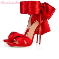 2022 butterfly knot sweet women sandals elegant shallow soild peep toe silk thin heels lace up fashion novelty hot sale