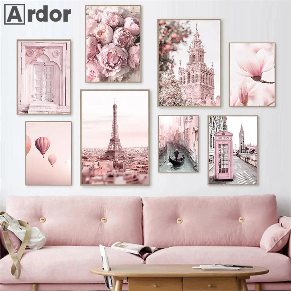 

Pink Door Painting Poster Paris Tower Canvas Print Flower Art Posters Hot Air Balloon Prints Nordic Wall Pictures Bedroom Decor