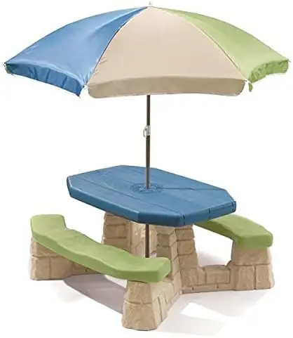 

Playful Kids Picnic Table With Umbrella - Outdoor Toys with Seating for 6 Children - Kids Furniture Blue & Green with Faux