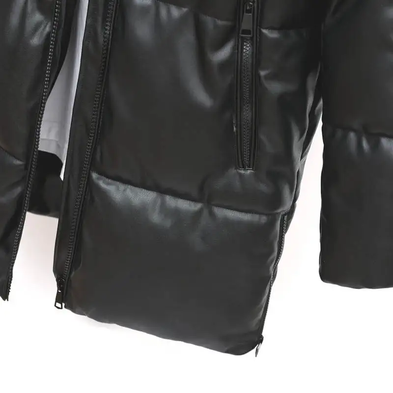 Women Fashion Black Warm Quilted Coats Cotton Padded Jackets Hooded Waterproof Faux PU Leather Long Winter Jacket Outwear Loose