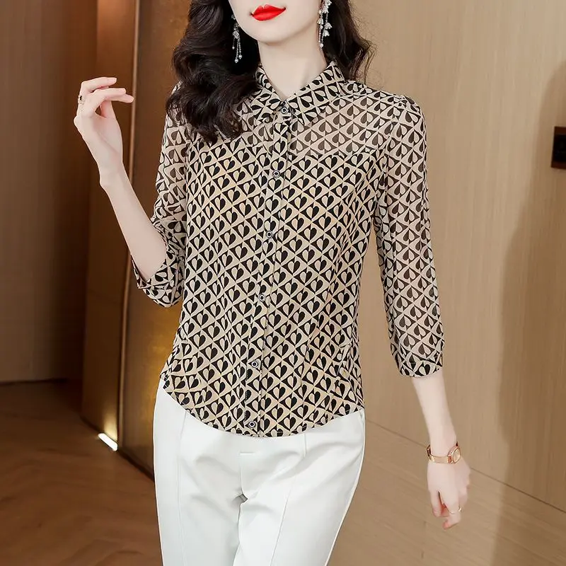 Женская шифоновая блузка с принтом свободная рубашка-поло рукавом три четверти и